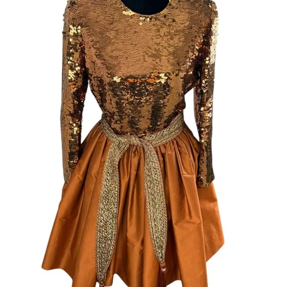 Vintage Oscar de la Renta Studio Sequin and Silk Bronze Formal Mini Dress - Picture 12 of 15